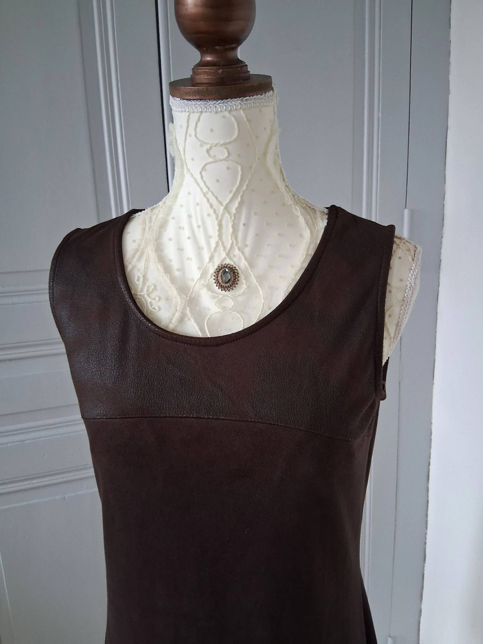 Vestido Chasuble Marrón Chocolate - Aspecto de gamuza y cuero - Talla L – photo 2